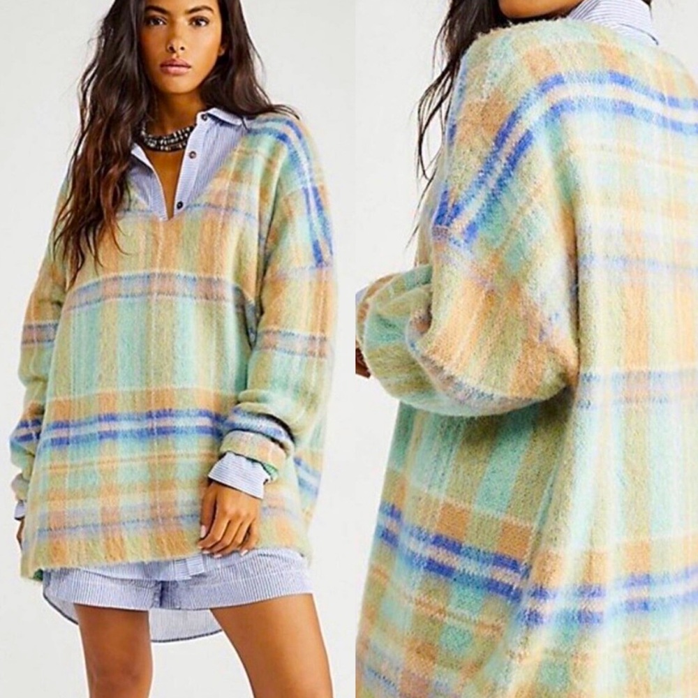 🔖 XS FREE PEOPLE Primrose Plaid Tunic Sweater JADE COMBO OB1387400
